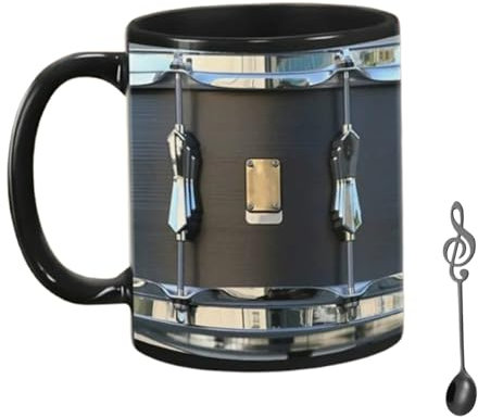 Gcroet Taza de batería de 11 oz negro Taza de café de cerámica en forma de tambor con cuchara de metal con una copa única y creativa con mango, regalos de música para baterista..