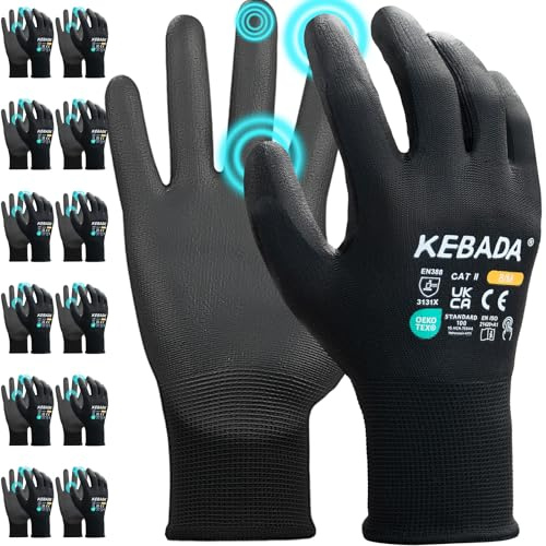 Kebada Touchscreen Arbeitshandschuhe Herren, PU-beschichtet, W1, 12 Paar | Schwarz, Größe 9/L, atmungsaktiver Strick, rutschfester Griff für Gartenarbeit, Werkstatt, Lager, Transport & Baustelle