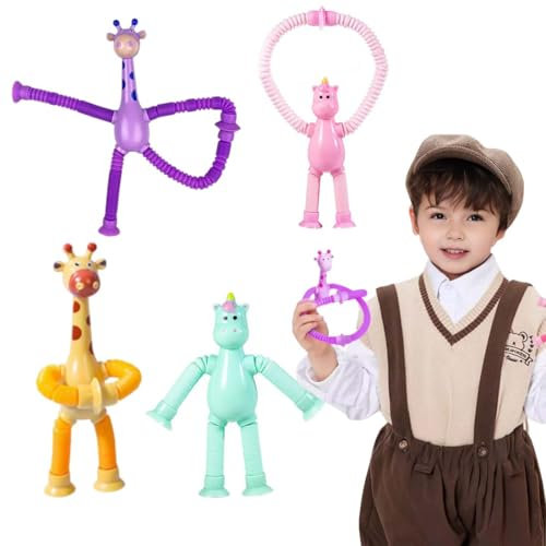 VONJUMA 4 Pièces Jouet De Girafe Licorne À Ventouse Télescopique Jouets Sensoriels De Jouet De Girafe Jouet Éducatif Amusant De Soulagement du Stress Jouet Fidget pour Enfants Et Adultes