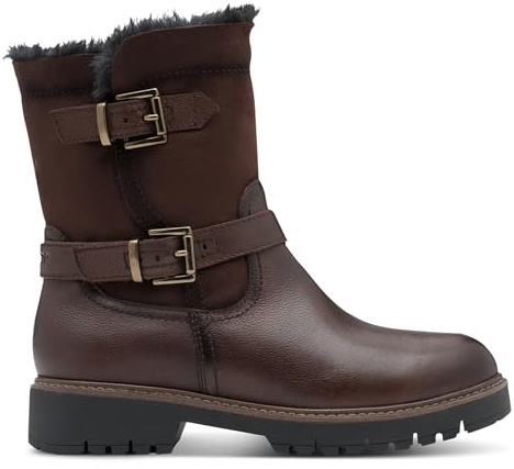 Womens Winter Mocca Brown Leather Buckle Zip Biker Ankle Boots