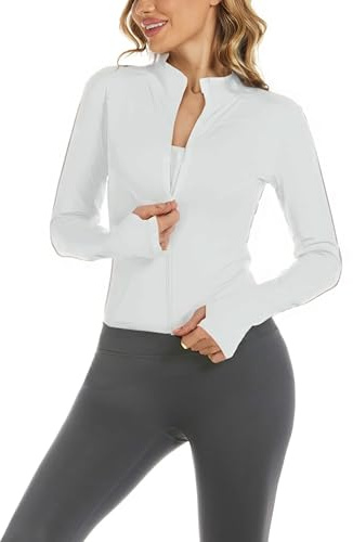 Bkul Laufjacke Damen Atmungsaktive Sportjacke Langarm Running-Jacken Yoga Fitness Sportjacke mit Reißverschluss Trainingsjacke (DE/NL/SE/PL, Alphanumerisch, S, Regular, Regular, Weiß)