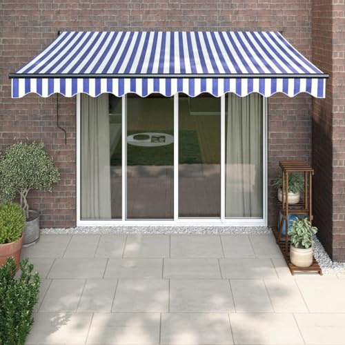 Qnhdfrt Elektrische Gelenkarmmarkise mit Fernbedienung und Kurbel 3,5x2,5m Blau Weiß UV-Schutz Aluminium für Terrasse Balkon