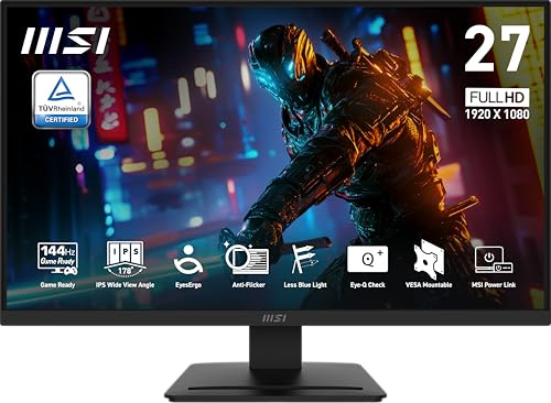 msi PRO MP273L E14 27-inch IPS 1920 x 1080 (FHD) Gaming Office Monitor, 144Hz, Adaptive-Synch, HDR Ready, HDMI, VGA Port,VESA Mountable, Tilt, 4-Side Slim Bezel,1ms, Black
