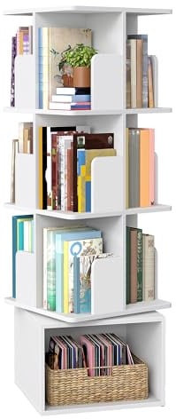VASAGLE CUSTOS Collezione - Libreria Scaffale Girevole a 360° a 4 Ripiani, Scaffale Portaoggetti, Scomparti Aperti, 40 x 40 x 124,6 cm, per Camera da Letto Soggiorno Studio, Bianco Nuvola LBC471WB01