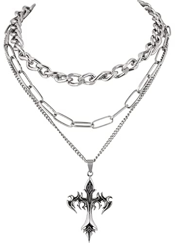 Hanary Gothic Schichtkreuz-Anhänger-Halskette, Goth Emo Grunge-Halskette, Gothic-Schmuck, Halloween-Weihnachts-Schmucksgeschenk für Damen