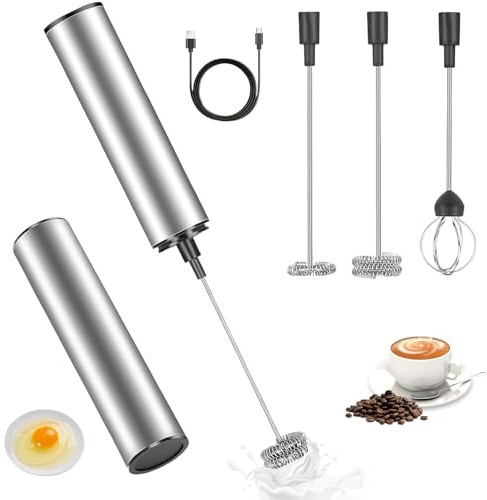 Espumador de leche eléctrico, Espumador Leche Electrico con 3 Tipos Cabezales, Batidora de Leche Portátil, Recargable Batidora de Leche, Batidor de Leche para Café, Lattes, Cappuccino, Matcha