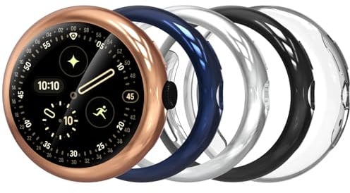 Bigqin 5 Stück Hülle mit Displayschutzfolie Kompatibel mit Google Pixel Watch 4 45mm 2025, kratzfeste TPU Rundum Schutzhülle ultradünn - Transparent, Schwarz, Silber, Blau, Rosegold