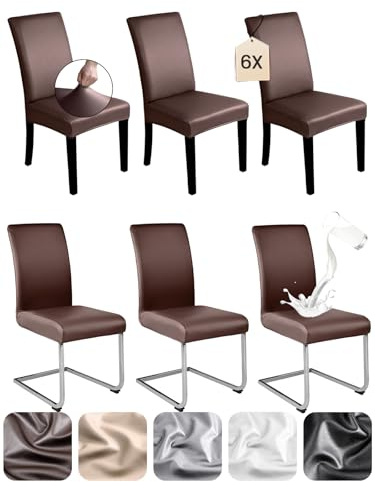 Dmyifan Stuhlhussen 6er Set Kaffeebraun PU Leder – Elastische & wasserdichte Stuhlbezüge, Waschbar & Abnehmbar – Universell für Esszimmer, Küche, Restaurant, Hotel & Hochzeit