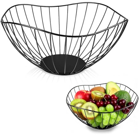 Dawitrly Fruit Bowl, 25 x 14cm Large Black Metal Wire Fruit Basket | Fruit Storage for Kitchen Counter, Home Decor, Table Centerpiece Decorative Hold Vegetables, Bread, Snacks, Biscuits