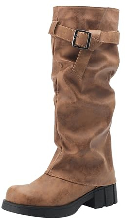 Generico stivaletti tacco donna Stivali Donna con Tacco Invernali Autunnali Texani Cowboy Stivaletti Alti Stivali al Ginocchio Gamba Larga in Pelle scarpe wide fit giallo 40.5