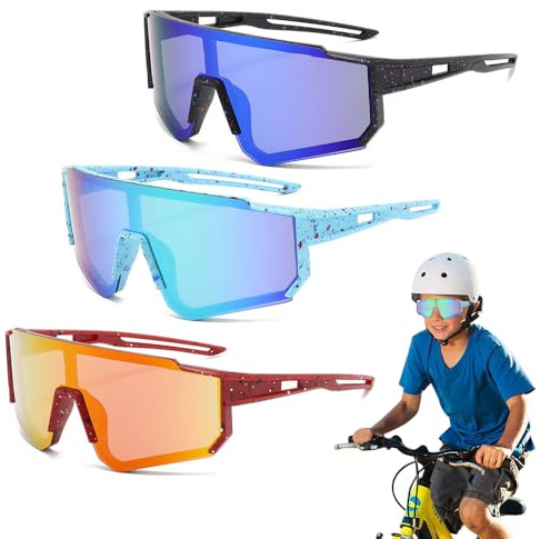 Nzkeuf 3 Stück Schnelle Brille Kinder, Polarisierte Fahrradbrille Kinder, Winddicht und Sanddicht, UV 400 Schutz, Geeignet für Jungen und Mädchen, Radfahren, Laufen, Angeln Usw Outdooraktivitäten
