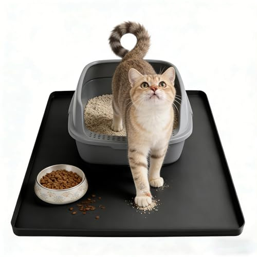 Silicone Cat Litter Mat 61x50cm Waterproof Litter Tray Mat Leak-Proof Thick Under Kitty Litter Box Feeding Mats with Raised Edges for Floor Carpet, Black
