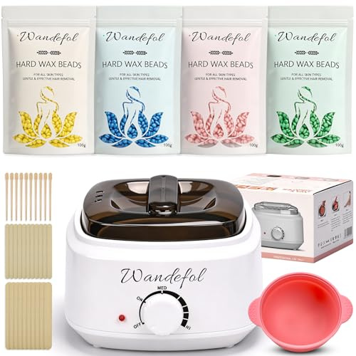 Wandefol Waxing Set Wax Maschine - Warmwachs Haarentfernung Waxing Kit mit 4X100g Waxing Perlen, Silikonschale, Holzspateln - Wachswärmer Wachskocher für Gesicht, Körper & Intimbereich