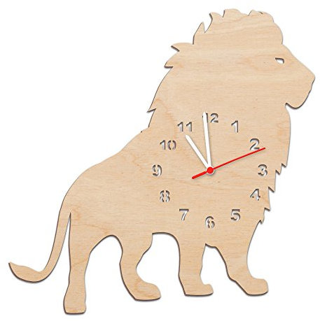 GRAVURZEILE Kinder Wanduhr aus Holz im Löwen Design für Mädchen & Jungen Kein Ticken Lautloses Uhrwerk 30 cm Groß in 5 Farben erhältlich Made in Germany Farbe Natur