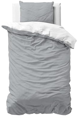 Sleeptime 100% Baumwolle Bettwäsche 140cm x 220cm Weiß/Grau - weich & bügelfrei Bettbezüge mit Druckknöpfe - Bettwäsche Set mit 1 Kissenbezüge 60cm x 70cm