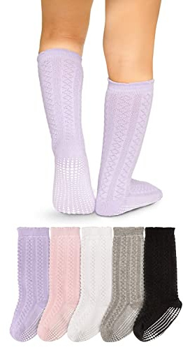 LA Active Baby Toddler Knee High Grip Socks - 5 Pairs - Non Slip/Skid Cable Knit (Variety, 6-12 Months)