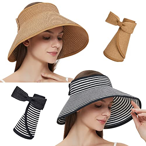 MAYLISACC 2 Paquetes Pamela Visera de Paja para Mujer, Sombrero de ala Ancha Roll Up Sombrillas Sombreros de Playa Verano Plegables para Vacaciones (Rayas Begras + Caqui)
