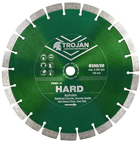 Trojan Pro-X Hard Diamond Blade for Cutting Brick, Concrete, Stonework, Granite & Other Hard Materials, 300mm x 20mm