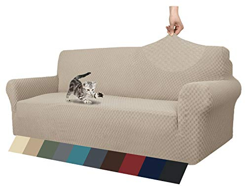 MAXIJIN Jacquard Sofabezug 3 Sitzer 1 Stück Couch Bezug rutschfest Schonbezug Sofa für Wohnzimmer Stretch-bezüge für Hunde Haustiere mit Anti-Rutsch-Schäume (3 Sitzer, Khaki)