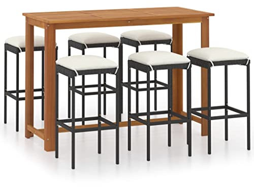 vidaXL Gartenbar Set 7-TLG. mit Kissen Theke Bar Tresen Gartentheke Barhocker Barstuhl Bartisch Stehtisch Gartenmöbel Gartenset Schwarz