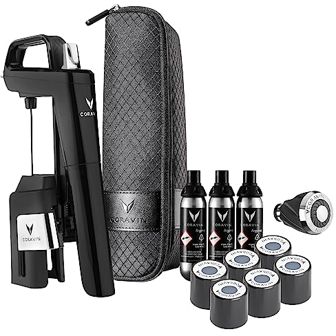 Coravin Timeless Six Plus Wine Preservation System - by-The-Glass Wine Saver - Wine Aerator, 3 Pure Argon Capsules, 6 Screw Caps, Clearing Needle & Carry Case - Piano Black