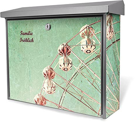 banjado® Burgwächter Briefkasten Edelstahl 38,5x31,5x12cm mit Motiv Riesenrad 1 / Briefkasten Edelstahl ohne Zeitungsfach/Briefkasten grau/Postkasten inkl. Montagematerial & 2 Schlüsseln