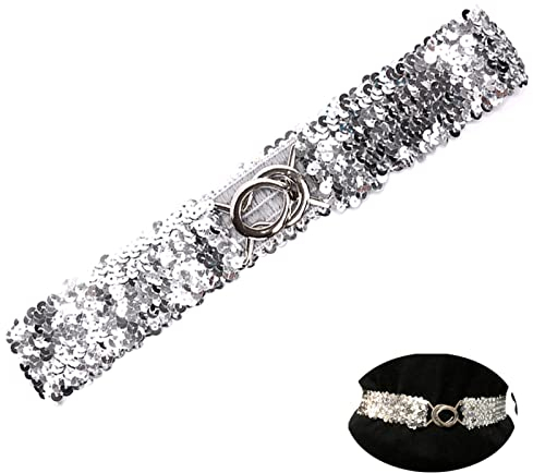 YouU Damen Frauen Elastic Stretch Schnalle Stil Paillettenbesatz Taille Band Gürtel Mode Taille Damen Gürtel Persönlichkeit Metallic Kleid Kleid Gürtel Elastischer Gürtel (Silber)