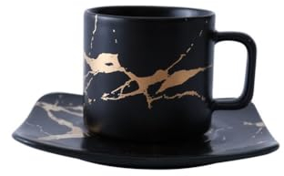 YDoLimmer Espressotasse Set Porzellan Mokkatassen mit Untertasse Marmoroptik Keramik Kaffeetasse Cappuccinotasse 90ml Kleine Tasse (Schwarz)