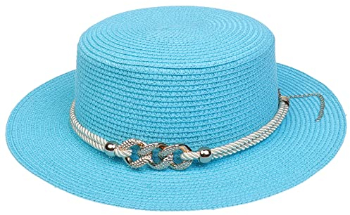 VPbao Panama Elégant Femme Chapeau Melon en Paille Anti Soleil avec Boucle Mariage Cérémonie Soirée Bleu