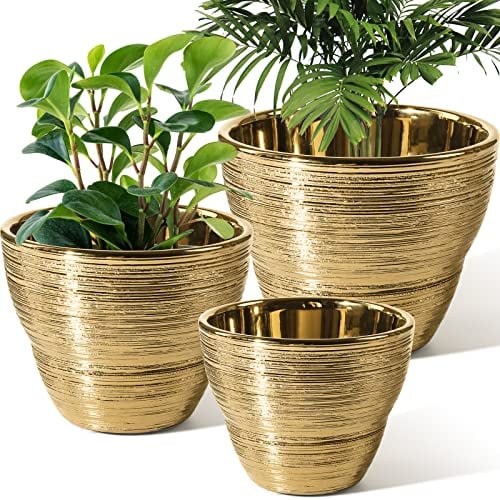 JOFAMY Gold-Pflanzgefäße für Zimmerpflanzen, 18 cm, 15,2 cm, 12,7 cm, Blumentöpfe aus Messing Mit Drainageloch, Silikonstopfen und Mesh-Pads