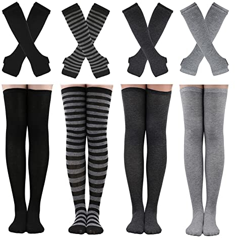 Barrlves 4 Sets Womens Striped Knee High Socks Long Knit Arm Warmers Fingerless Gloves for Halloween Costume, 4sets Solid Black+white+deepgrey+grey, One Size