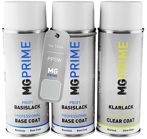 MG PRIME Autolack Sprühdosen Set für Tesla PPSW White Water Pearl/Pearl White Multi-Coat Grundlack Basislack Klarlack Spraydose 400ml
