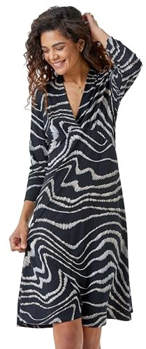 Roman Originals Geometric Print Stretch Dress for Women UK - Ladies Autumn Everyday Winter Holiday Pull-On 3/4 Length Sleeves V-Neckline Comfy Soft Vacation Work - Black - Size 10