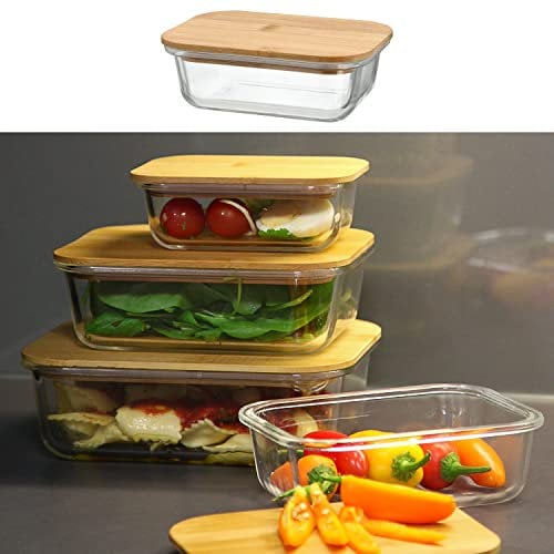 Cepewa Vorratsbehälter 600ml mit Bambusdeckel | stapelbar 17,5x6x12,5cm Borosilikatglas Bambus | Frischhaltebox Vorratsdose Vesperdose Lebensmittelbehälter (1 x Vorratsbehälter 600ml)