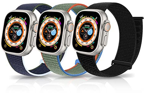 LanQii Nylon Bracelet pour Apple Watch Series 10 46 mm/9/8/7 45 mm/Watch Ultra 2/1 49 mm, Bracelets Remplacement pour Apple Watch SE 2/1 44 mm/Series 6/5/4 44 mm/3/2/1 42 mm, Noir+Bleu+Vert Olive