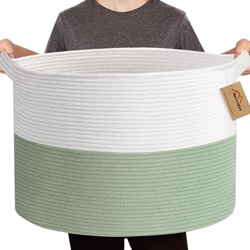 MEGASKET Extra Large Blanket Basket, 22 X 22 X 14 Kids Dog Toy Storage Bin Box, Nursery Baby Toddler Toy Organizer, Soft Cotton Rope Woven Bin, Large Basket for Blankets for Living Room, Green