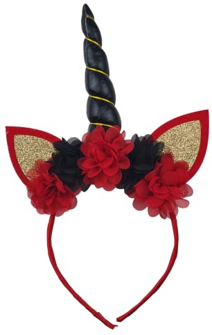 Serre-tête licorne avec fleurs, oreilles et corne de licorne pour filles, adultes et femmes, 1 pièce, décoration de licorne pour enfants, pour anniversaire, fête, Halloween, Noël, cosplay (noir)
