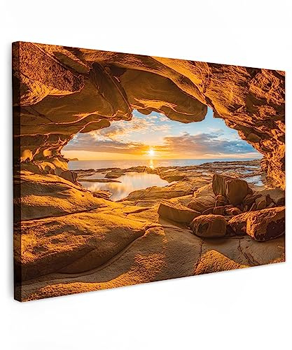 MuchoWow© Leinwand Groß 120x80 cm XXL Deko Schlafzimmer Aesthetic Leinwandbilder Natur Wohnzimmer Gemälde Foto Geschenk Living Room Decoration Bild Höhle - Meer - Horizont - Sonnenuntergang