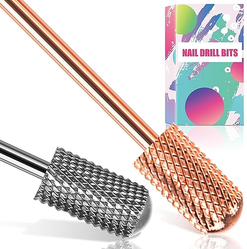Dill Bits for Nails 2 PCS, 3/32'' Safety Nail Drill Bits, Smooth Top Carbide Bits for Acrylic, Soft Gel, MEDIUM Nail Bit Set for Manicure Pedicure, Beginners Bits, Rose Gold & Sky Grey (M)