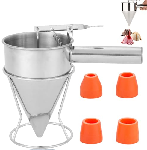 Teigspender Teigportionierer, 1200ml Pfannkuchen Teigspender Edelstahl Multi-Kaliber Backtrichter Kuchenspender mit Ständer & 4 Ersatzdüsen Batter Trichter-Spender Kolbentrichter Kochwerkzeuge