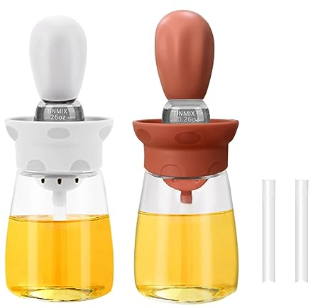 TINMIX Oil Dispenser with Brush - 2 IN 1 Olive Oil Dispenser Bottle with Silicone Pastry Basting Brush for Kitchen Cooking, Oil Bottle for Vinegar Sauce BBQ Grill Frying, T-OB22 (White+Red)