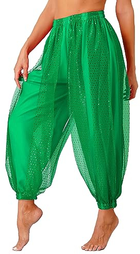 JEATHA Damen Chiffon Bauchtanz Hosen Bloomers Tanzhose mit Pailletten Haremshose Pumphose Party Arabisch Hosen Performance Kostüm Grün One Size