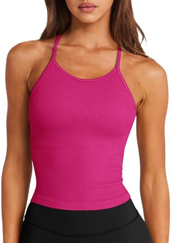 LASLULU Soutien-gorge de sport sans couture pour femme - Dos nageur - Bretelles spaghetti - Soutien-gorge de yoga rembourré - Dos nu - Haut décontracté, Rose fluo rouge, Taille S