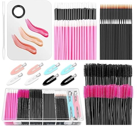 229 Stück Einweg Wimpernpinsel, tragbares Lippenpinsel, Einweg-Eyeliner Pinsel,Makeup-Mischpalette, Spatel,Makeup Haar Clips mit Organizer Box für Mascara,Augen Make Up Tools (Black Set 229)