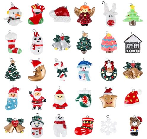 Mini Christmas Ornaments,30 Pcs Christmas Miniature Resin Ornaments, of Christmas Tree Hanging Decoration Kits for Keychain Pendant Christmas Decorations Xmas Birthday Gifts