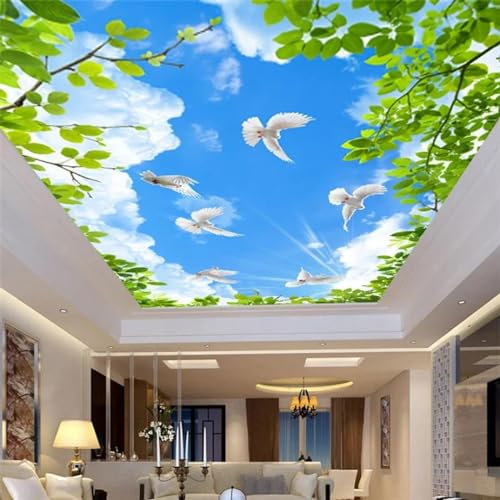 SABORR Papier peint de plafond en pvc auto-adhésif 3d feuilles vertes, ciel bleu, nuages blancs, soleil, colombe, salon, chambre à coucher, toit, fond, mur, autocollants décoratifs