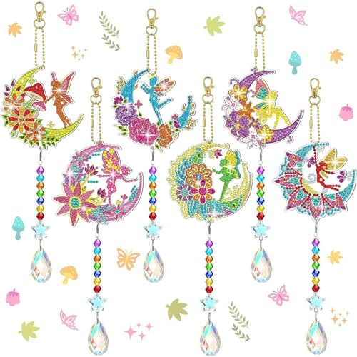 AUAUY 6 PCS Diamond Painting Kristall Sonnenfänger Windspiel Set, 5D DIY Doppelseitige Diamond Painting Schlüsselanhänger Kristall Hängender Ornament für Geschenk, Basteln Mädchen 8 9 10 11 12 Jahre