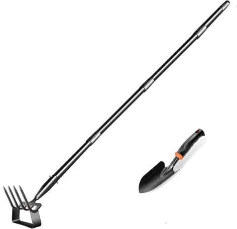 Hmseng Zappa da giardino per erbacce, dimensioni regolabili, 160 cm, robusto coltivatore a mano in acciaio inox con 4 denti, per aiuole, terrazze, giardino, allentamento del terreno, diserbo, scavo