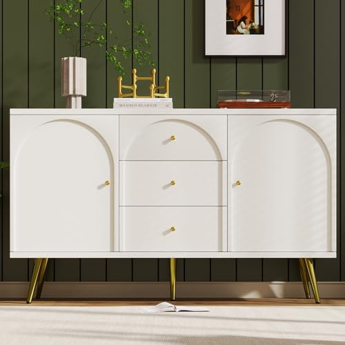 ModernLuxe Chest of Drawers with 2 Doors and 3 Drawers, Hallway Storage Unit with Metal Legs, Living Room Cabinets with 2 Adjustable Shelves, Sideboard Storage Cabinet, Cream White, 140 x 40 x 84 cm