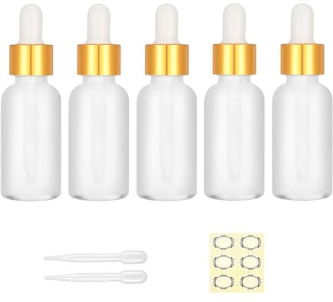 Apstaqeoo 5Pcs 30ML Frosted Clear Glass Dropper Bottles with Pipette, Empty Sample Dropper Bottle Refillable Tincture Bottles with Gold Cap, Label, Dropper for Perfume Essential Oils Aromatherapy